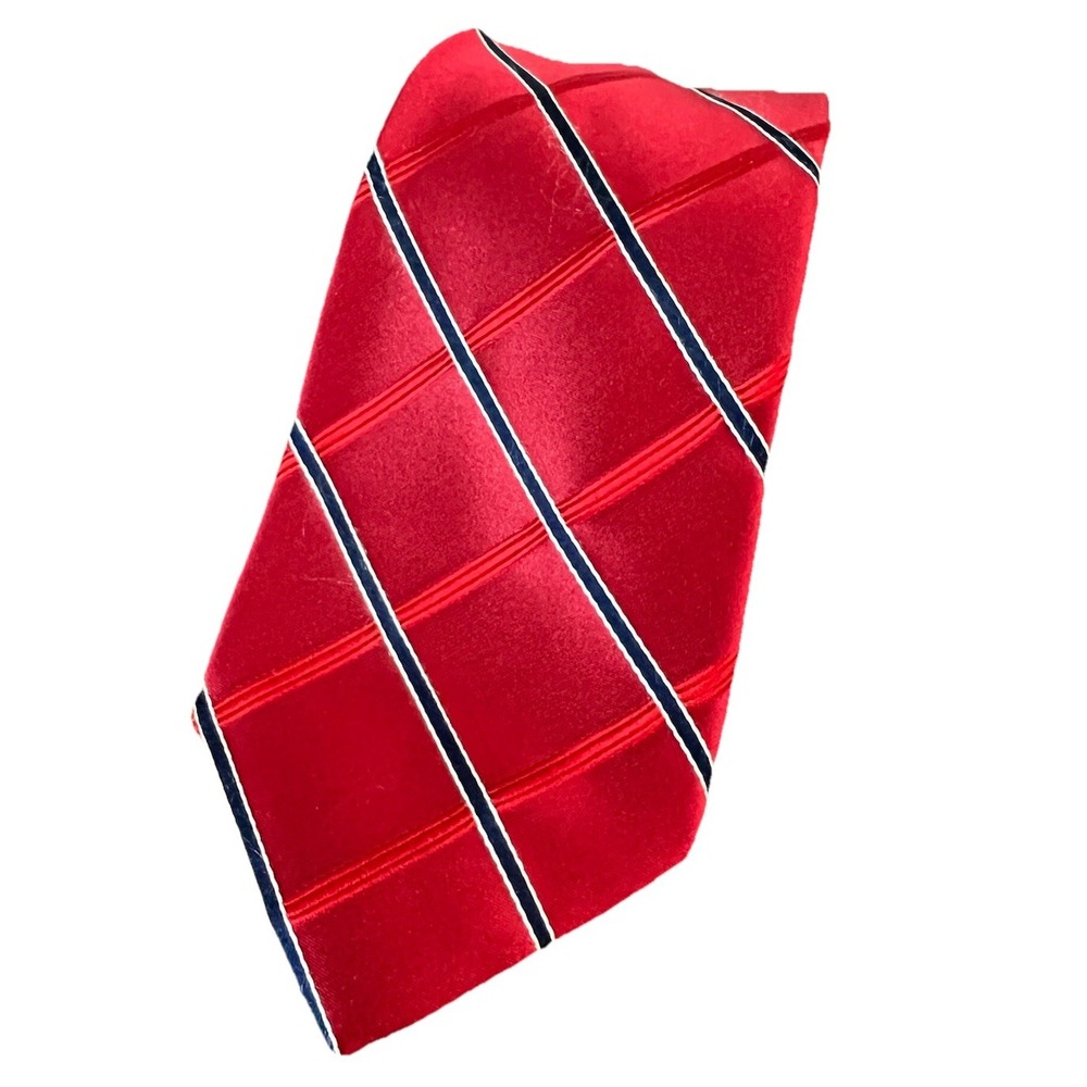 IZOD Mens Silk Necktie Red Navy Blue White Striped Plaid Checkered Classic Tie